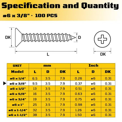 #6 x 3/8 inch Flat Head Wood Screws, 304 Stainless Steel Phillips Drywall Screws and Tapping Screws, High Hardness Screws for Drywall, Sheetrock, Wood (100 pcs) - size: #6 x 3/8"