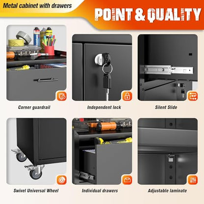 Metal Garage Storage Cabinet with Wheels, 35" H Large Capacity Rolling Tool Chest for Workshop, Garage, Cabinetry, 1 Drawer & 2 Locking Doors, Black - size: 35.4H*18.11D*30.31W