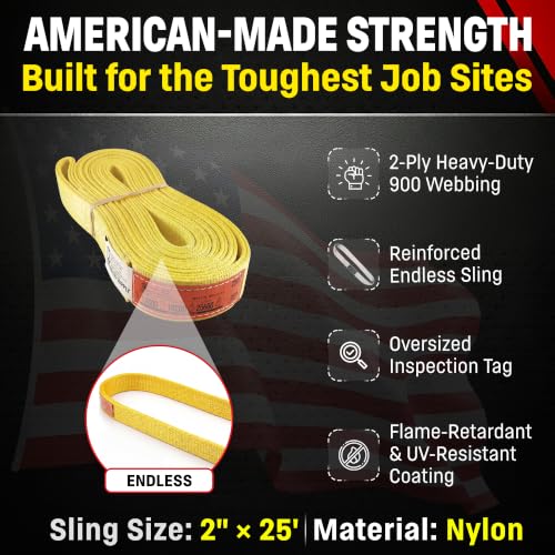 DD Sling 2" x 25' Nylon Endless Lifting Sling – USA Made, 12,800 lb Vertical, 10,200 lb Choker, 25,600 lb Basket – 2 Ply Heavy Duty 900 Webbing, Type 5 Endless Rigging Sling - size: 2"x25'