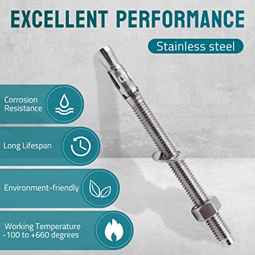 3/8 Concrete Anchors, Stainless Steel Wedge Anchors, 5 Pack - size: 3/8" x 5"