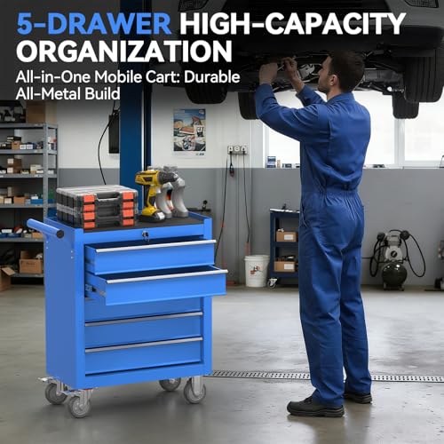 5-Drawer Rolling Tool Chest with Wheels, Metal Tool Storage Cabinet with Lock&Keys and Swivel, Toolbox with drawers, Tool Box for Warehouse,Garage, Repair Shop, Workshop (Blue, 5-Drawer) - color: Blue, size: 5-Drawer