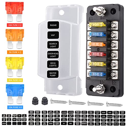 6-Way 12V Fuse Box Blade, 6-Volt Fuseholder, No LED Indicator, Moisture Resistant Cover - with Ground Bus 6-Way Independent Positive Fuseholder for DC 12V/24V Cars, Car Trucks, Boats, Marine Vehicles - size: 6 Way