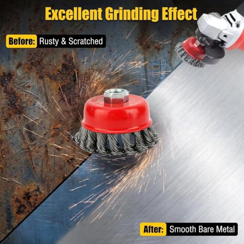 4Pcs 3" Knotted Wire Cup Brush for 4-1/2" Angle Grinder, Carbon Steel Wire Brush for Heavy Rust, Corrosion, Paint Removal, Fits 5/8"-11 UNC Arbor(with 2 Pcs 1/4" Shank Drill Adapter) - style: 3" Knotted Wire Cup Brush