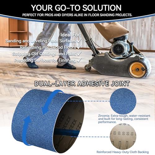 8x19 Inch Floor Sanding Belts 10 Pcs 5 Grits Sizes (2 Each of 40/60/80/100/120 Grits) Heavy Duty Belt Sander Zirconia Belt Sander Paper for Wood, Metal, Stainless Steel, Cars, and Furniture - size: 8x19 inch