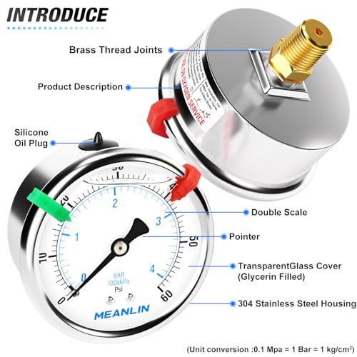 MEANLIN MEASURE 0~60Psi Liquid Filled Pressure Gauge 1/4" NPT 2.5" FACE DIAL Stainless Steel Glycerin Filled WOG Water Oil Air Back Mount (with 2PCS Snaps) - size: 0-60Psi
