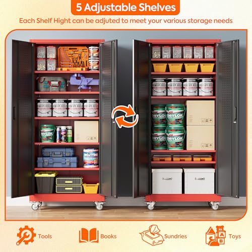 Aobabo Metal Garage Storage Cabinet with Wheels, 34" W x 18" D x 71" H,Red - color: Black Red, size: 18"D x 34"W x 71"H