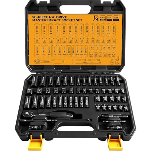 ELEAD 1/4" Drive Impact Socket Set, 56-Piece Standard SAE (5/32 to 9/16 inch) and Metric (4-15mm) Size, Deep & Shallow, 6 Point, Cr-V, 72-Tooth Ratchet Handle, Extension Bar, Universal Joint - color: 1/4'' Drive Impact Socket Set Black