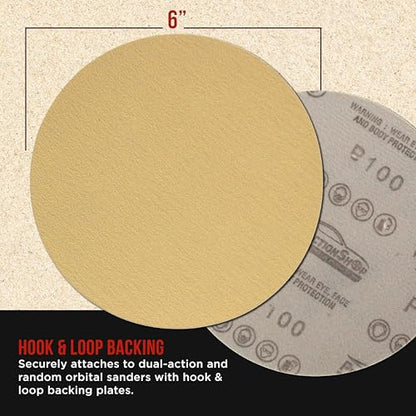 ProductionShop Premium 100 Grit 6" Gold Sanding Discs, Box of 100 - Hook & Loop Backing Abrasive Sandpaper for DA & Random Orbital Sanders - Sand Automotive Paint, Metal, Wood, Woodworking Furniture - style: 100 Grit