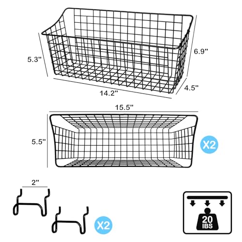 G.CORE 2 Pack Pegboard Baskets, Black Metal Shelves Hooks to 1/8" and 1/4" Hole Peg Boards, Peg Board Baskets Bins Set - Tools Workbench Garage Storage Wall Mount Organizer Attachments (2 Large) - size: Large, style: 2 Large