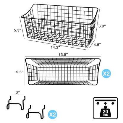 G.CORE 2 Pack Pegboard Baskets, Black Metal Shelves Hooks to 1/8" and 1/4" Hole Peg Boards, Peg Board Baskets Bins Set - Tools Workbench Garage Storage Wall Mount Organizer Attachments (2 Large) - size: Large, style: 2 Large