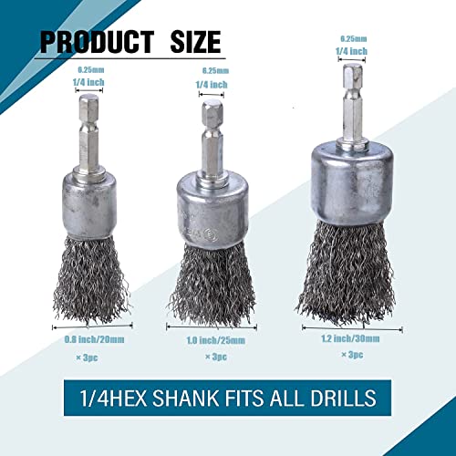 9 Pcs Wire Brush Wheel for Drill, Wire Brush for Drill 1-Inch Crimped End Wire Brushes 1/4" Hex Shank for Paint-Surface and Small Spaces - style: 9 Pcs wire end brush