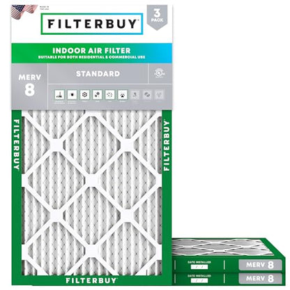 Filterbuy 10x24x1 Air Filter MERV 8 Dust & Allergy Defense (3-Pack) - size: 10x24x1