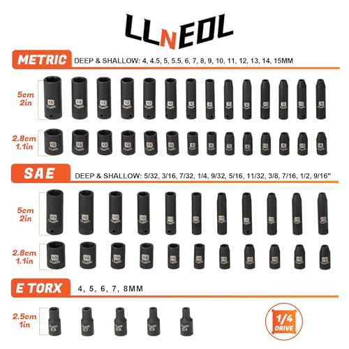 LLNEDL 1/4 Inch Drive Impact Socket Set, 83Pcs Socket Wrench Set Metric & SAE from 4-15mm, 5/32-9/16", 6 Point CR-V Deep & Shallow Sockets Kit with 72T Ratchet Handle, E Torx, for Automotive & Home - size: 83pcs 1/4 inch socket set
