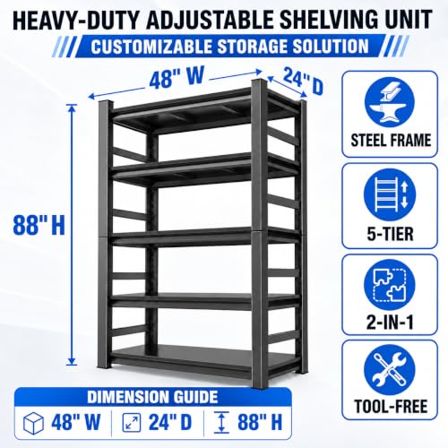 Metal Book shelf, Adjustable Industrial Bookcase with Double-Layer Columns - size: 48"Wx 24"Dx 88"H