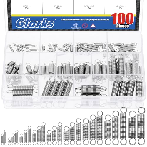 Glarks 100pcs Stainless Steel Extension Springs with Double Hook Sets 25 Sizes Small Spring Tension Spring Wire Assortment for Machinery Construction Industrial