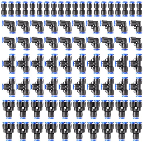 TAILONZ 1/4" Push to Connect Fitting Splitters+Elbows+Tees+Straight 80Pcs - color: Blue, size: 1/4"OD/80PCS
