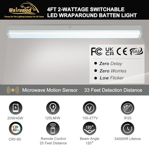 4FT Tri-Level Motion Sensor LED Wraparound Stairwell Light with Remote, IP20, 20W(2500lm)/40W(5000lm), 5000K, 100-277V, Dimmable, Flush Mount Commercial LED Wrap Shop Ceiling Light Fixture, FCC - color: 5000K, size: 4FT 1 Pack