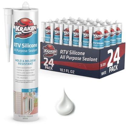 Kraken Bond RTV Silicone Sealant White (24 x 10.1 fl.oz.)%100 Waterproof Silicone Caulk Kitchen and Bathroom, All Purpose, Window Caulking Sealant Outdoor, RV, 24 Pack - size: 24 Pack