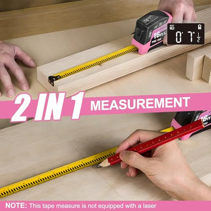 PREXISO 2-in-1 Digital Tape Measure, 16Ft Pink Digital Measuring Tape - color: Pink