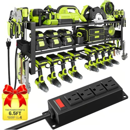 Power Tool Organizer Wall Mount with Charging Station, 8 Drill Holders - size: 32.8" Width 3-Tier