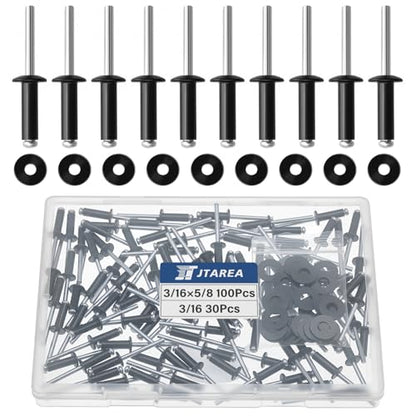 130pcs 3/16" x 5/8" Black Aluminum Pop Rivets with Stainless Steel Washers 4.8 x 16mm Blind Rivet Assortment Kit - size: 3/16*5/8