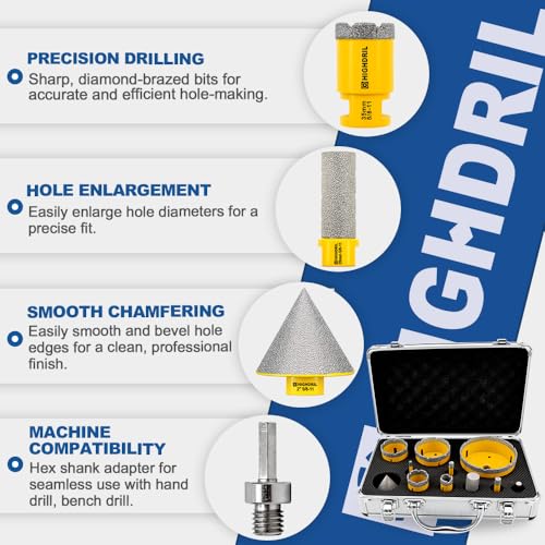 HIGHDRIL 5/8-11 Diamond Hole Saw Kit for Tile Marble Brick,1/4"-4"(6-100mm) - size: Thread Set 10