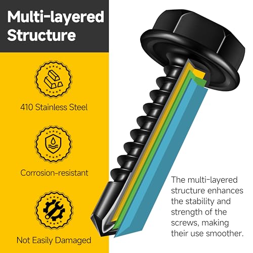 Mywish 50pcs #10 x 1-1/2" Self Drilling Screws for Metal, 410 Stainless Steel Hex Washer Head Self Drilling Screws, Black Oxided Self Tapping Sheet Metal Tek Screw Fast Tapping - size: #10x1-1/2"(50pcs)