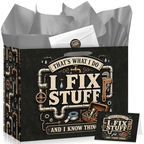 Mechanic Gifts Bag for Men, Vintage I Fix Stuff Tool Theme Gift Bag with Tissue Paper Card Envelop Sticker, Steampunk Tool Themed Present Wrap Kit for Dad Husband Handyman Mechanic Birthday Retirement