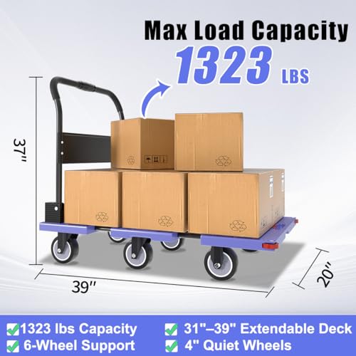 WUD 1323 lbs Heavy Duty Folding Platform Cart with Extendable Deck (31''–39''), 6-Wheel Support, 4'' Quiet Casters, Thick Reinforced Flatbed Dolly for Warehouse, Garage & Moving - color: Purple