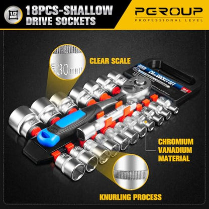20 PCS 1/2" Drive Metric Socket Wrench Set,90-Tooth Reversible Ratchet Handle，6 Point Shallow Sockets (8-32mm) and Extension Bar 5", CR-V Steel, Car Repair Set - size: 20P 1/2 inch(8-32mm)