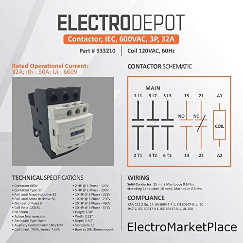 Contactor 30A Inductive, 50A Resistive 3 Pole 120VAC Coil, Lighting and Motor control DIN mount, Auxiliary contact NO/NC