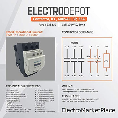 Contactor 30A Inductive, 50A Resistive 3 Pole 120VAC Coil, Lighting and Motor control DIN mount, Auxiliary contact NO/NC