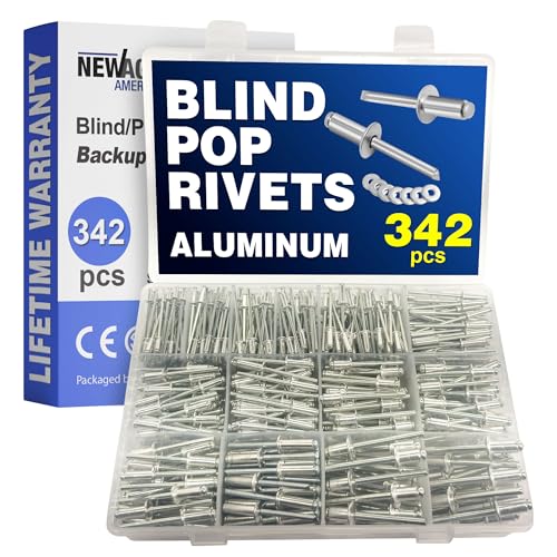 New Age America® 342pcs Blind Pop Rivets & Backup Washers | 3/32" to 1/4" | Silver | 14 Sizes | SAE Size Aluminum Rivets & 304 Stainless Steel Backup Washer | Rivet Kit w Steel Mandrel | Labelled Case - color: Silver, size: 342 PCS Rivets & Washers