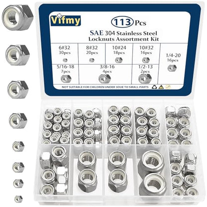 SAE Lock Nut Assortment Kit 113Pcs, #6-1/2 Stainless Locking Nut - size: SAE Locknuts, 113 Pcs