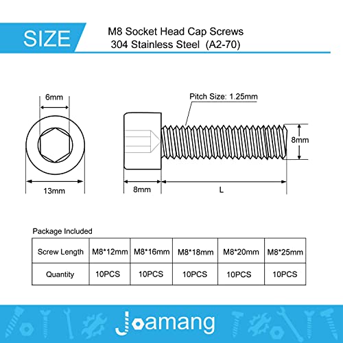 M8 x 12mm 16mm 18mm 20mm 25mm Hex Socket Head Cap Screws Bolts, Stainless Steel 304, Metric Allen Drive, Bright Finish, Fully Threaded, Assortment Kit 50PCS - size: Socket M8x12-25 mm