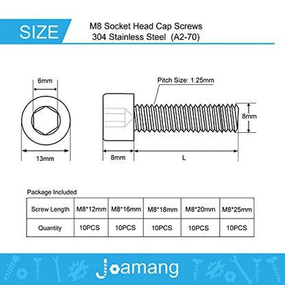 M8 x 12mm 16mm 18mm 20mm 25mm Hex Socket Head Cap Screws Bolts, Stainless Steel 304, Metric Allen Drive, Bright Finish, Fully Threaded, Assortment Kit 50PCS - size: Socket M8x12-25 mm