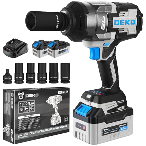 DEKOPRO Cordless Impact Wrench 20V 3/4" High Torque Power Electric Impact Gun with 5 Sockets 2 Batteries, 1300Ft-lbs(1800N.m) for Vehicle Assembly, Equipment Maintenance, Building Construction
