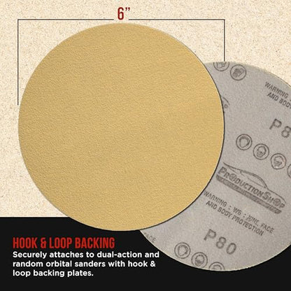 ProductionShop Premium 80 Grit 6" Gold Sanding Discs, Box of 100 - Hook & Loop Backing Abrasive Sandpaper for DA & Random Orbital Sanders - Sand Automotive Paint, Metal, Wood, Woodworking Furniture - style: 80 Grit