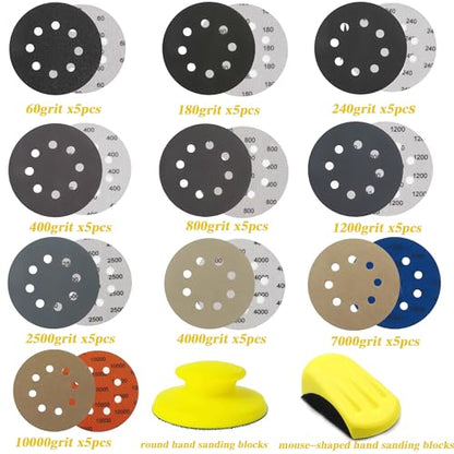 50pcs Sandpaper 8 Hole 5 inch Sanding Discs Hook and Loop 60/180/240/400/800/1200/2500/4000/7000/10000 Grits with Hand Sander for Automotive Metal Polishing
