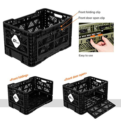 Bigant Heavy Duty Collapsible & Stackable Plastic Milk Crate-Medium Size, Black, Stackable Open Front Organizer, Set of 1, Snap Lock Foldable Industrial Garage Storage Bin Container Utility Basket