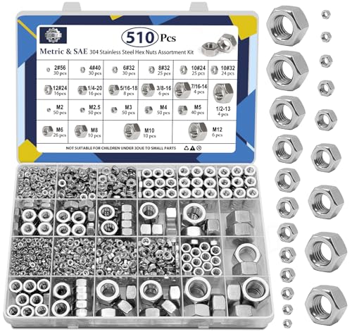 ZQZ 510 Pcs SAE & Metric Hex Nut Assortment Kit;304 Stainless Steel Nut Set - size: SAE and Metric Hex Nuts Assortment;510 PCS