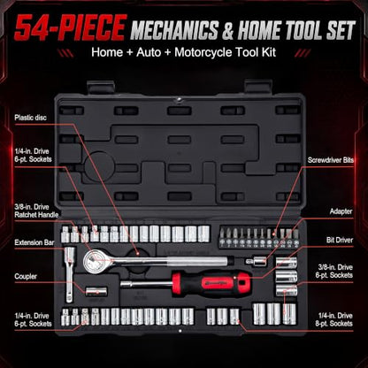 DuraMax Socket Set, 54-Piece Mechanic Tool Set with 1/4 & 3/8 Inch Drive SAE & Metric Sockets, Ratchet Wrench, Torx & Hex Bit Set, Extension Bar, Adapter and Storage Case
