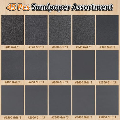 45 PCS Wet Dry Sandpaper 80-5000 Grit Sheets for Polishing & Finishing - color: 80-5000G, size: 9x3.6 Inch