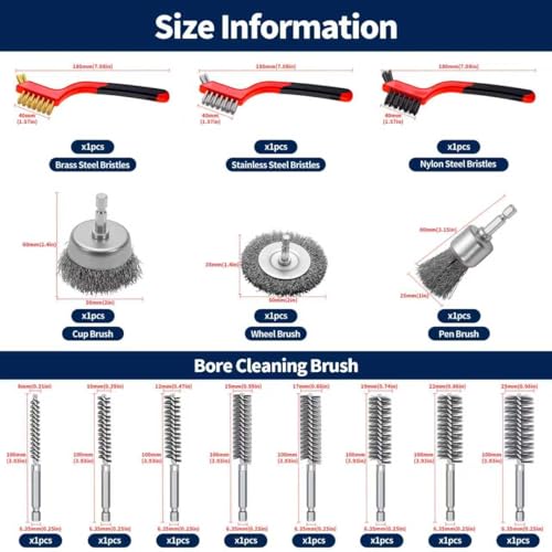 14Pcs Drill Wire Bore Cleaning Brushes, Wire Wheel and Pen Brush Set with 1/4-Inch Hex Shank, Nylon/Brass/Stainless Steel Bristles for Rust, Dirt & Paint Scrubbing Cleaning