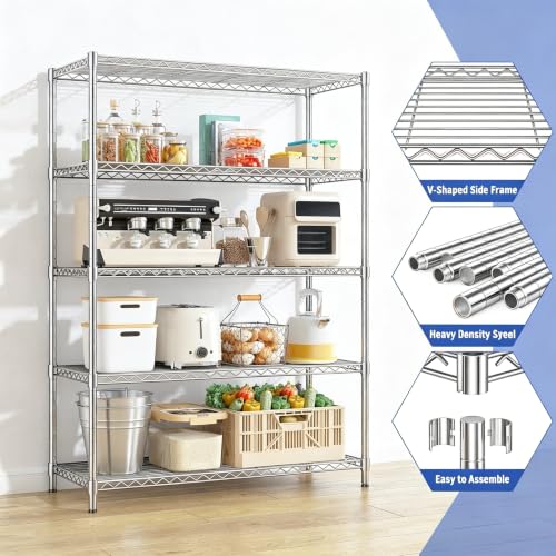 Storage Shelves - 5 Tier Metal Shelving Unit, 18" D × 48" W × 72" H - color: Chrome, size: 18"D X 48"W x 72"H, 5 Tier