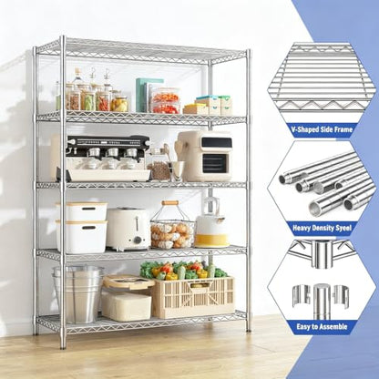 Storage Shelves - 5 Tier Metal Shelving Unit, 18" D × 48" W × 72" H - color: Chrome, size: 18"D X 48"W x 72"H, 5 Tier