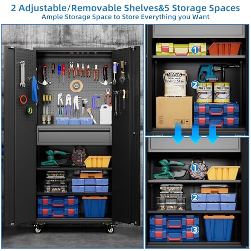 Reemoon 71" Metal Garage Cabinet with Wheels, Drawer and Pegboard - color: Black, size: 15"D x 30"W x 71"H