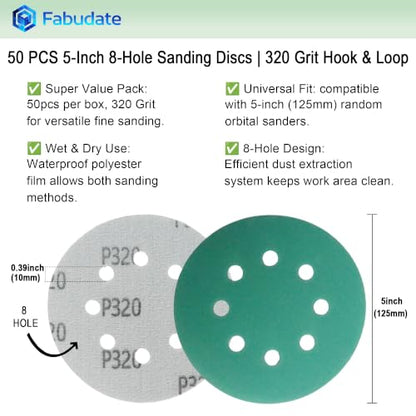 5 Inch 8 Hole 320 Grit Hook&Loop Wet/Dry Heavy-Duty Sanding Discs 50PK - size: 320 Grit