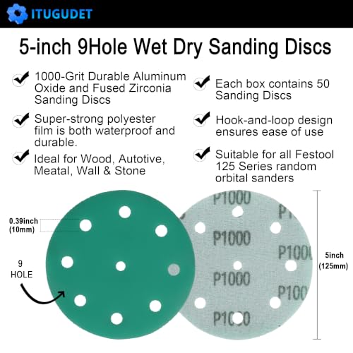 5 Inch 9 Hole Wet Dry P1000 Grit Sanding Discs - 50 Pack Box - size: 1000 Grit