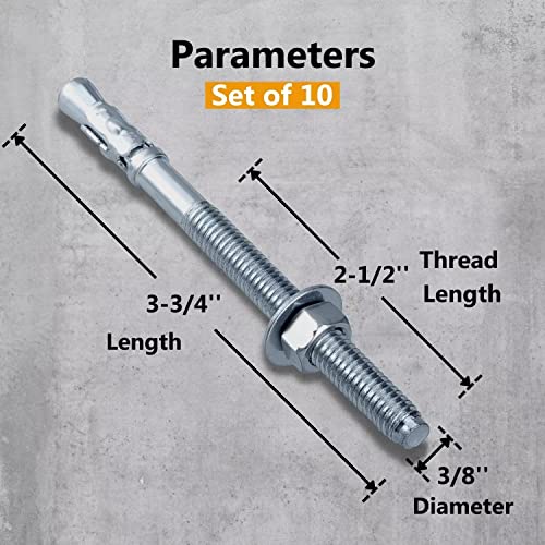 Party Animals 3/8 x 3-3/4 Inch Wedge Anchor, 10 PCs Zinc-Plated Industrial Anchor Bolts for Cement, Concrete